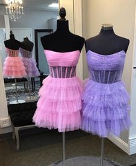 Pink Sparkly Strapless Multi-Layers Tulle Homecoming Dress