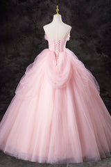 Pink Strapless Tulle Floor Length Prom Dress, Lovely A-Line Evening Party Dress