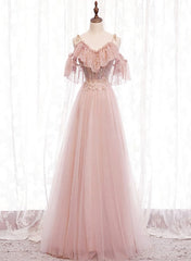 Homecoming Dress Styles, Pink Straps Lace Top Tulle Off Shoulder Party Dresses, Pink A-line Formal Dresses