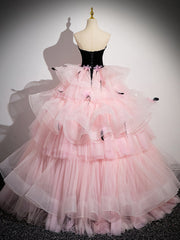 Pink Sweetheart Neck Tulle Long Prom Dress, Pink Long Prom Gown