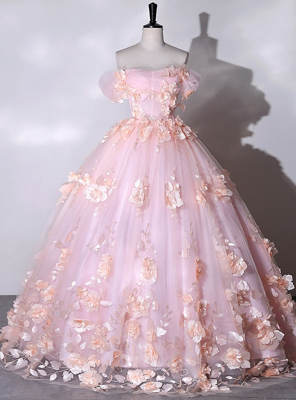 Pink Tulle 3D Appliques Quinceanera Dress