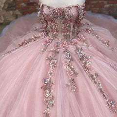 Pink Tulle Appliques Ball Gown Quinceanera Dresses