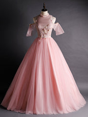 Pink Tulle Appliques Beading Backless Quinceanera Dress