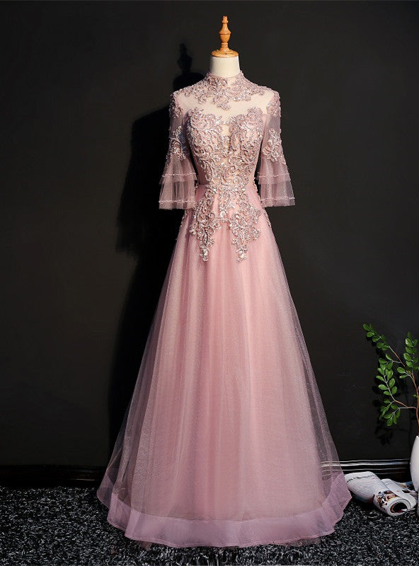 Pink Tulle Appliques Beading Short Sleeve Prom Dress