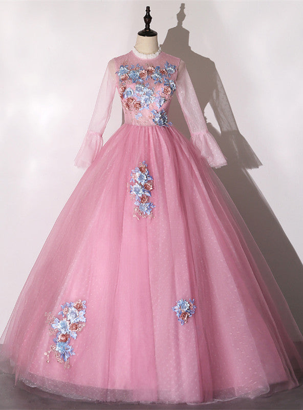 Pink Tulle Appliques Long Sleeve Quinceanera Dress