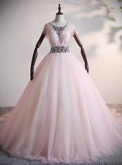 Pink Tulle Beading Crystal Backless Quinceanera Dress