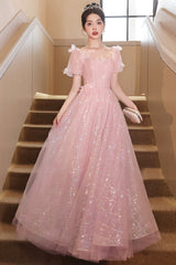 Pink Tulle Flowers Floor Length Prom Dress, Beautiful A-Line Evening Party Dress