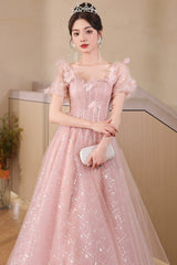 Pink Tulle Flowers Floor Length Prom Dress, Beautiful A-Line Evening Party Dress