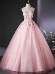 Pink Tulle Halter Flower Quinceanera Dress