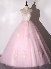 Pink Tulle Lace Appliques V-neck Backless Quinceanera Dress