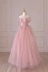 Bridesmaids Dresses Winter Wedding, Pink Tulle Lace Long Formal Dress, A-Line Off Shoulder Pink Prom Dress