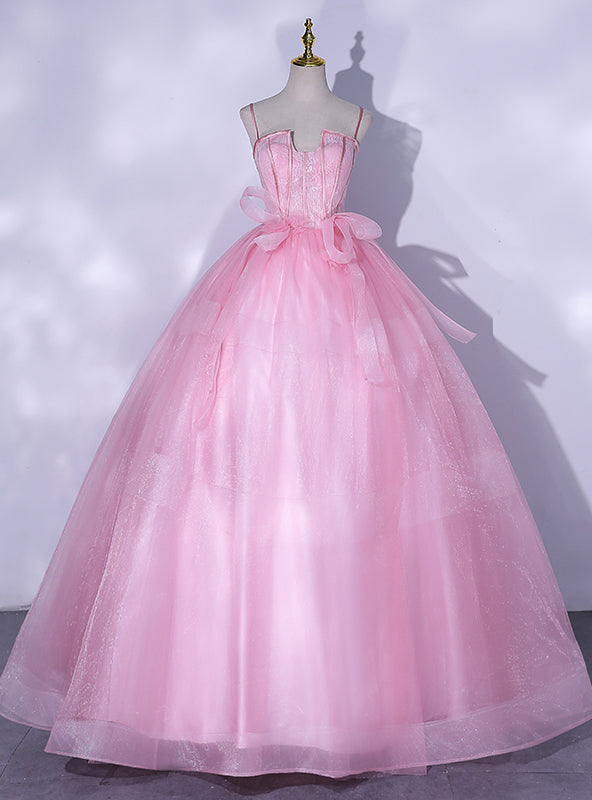 Pink Tulle Lace Straps Quinceanera Dress