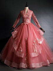 Pink Tulle Long Sleeve Appliques Quinceanera Dress