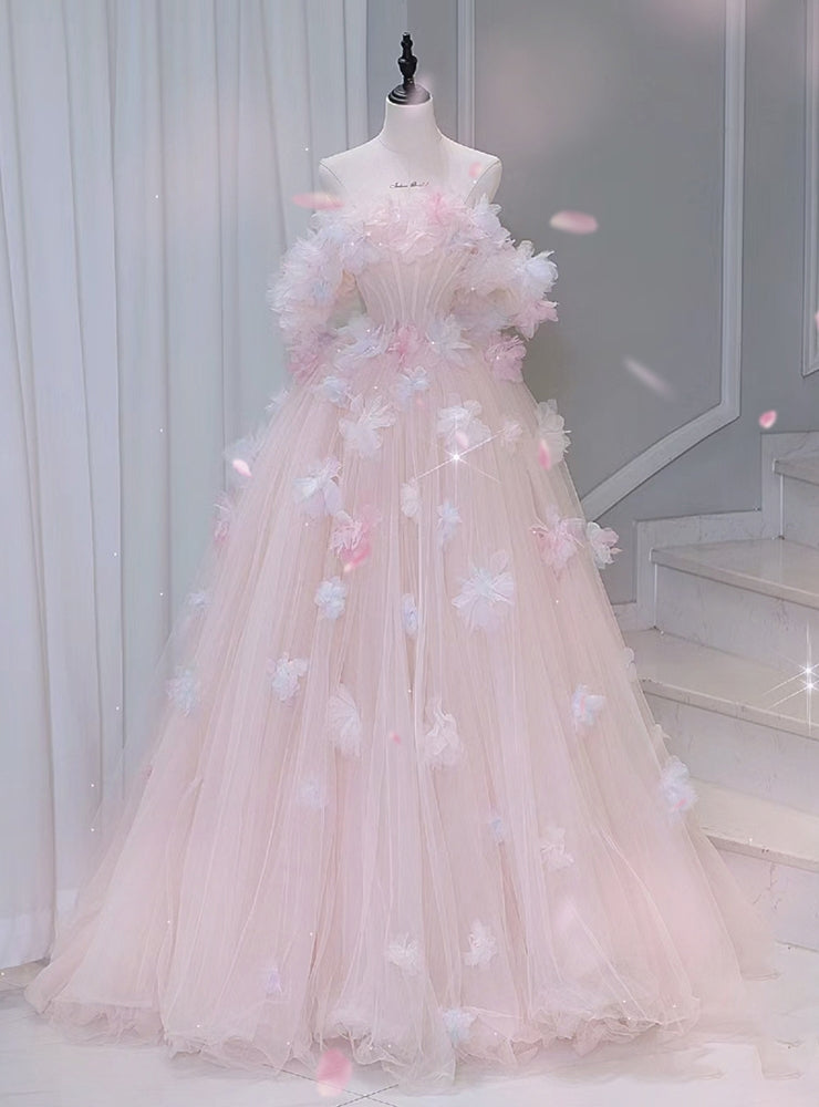 Pink Tulle Off the Shoulder Flower Prom Dress