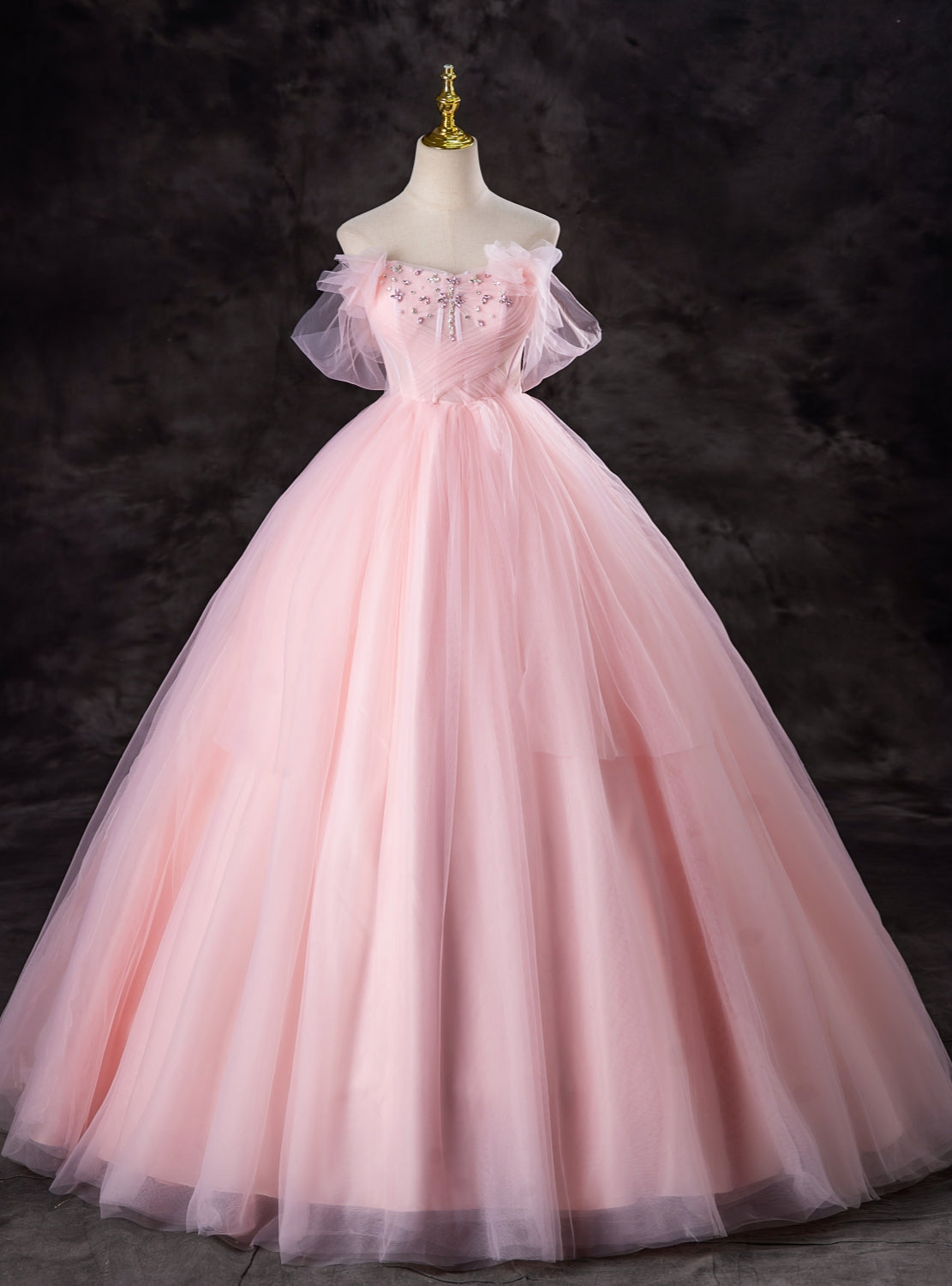 Pink Tulle Off the Shoulder Pleats Beading Quinceanera Dress