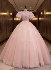 Pink Tulle Puff Sleeve Beading Quinceanera Dress