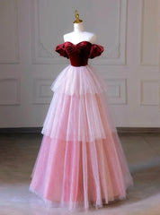 Pink Tulle Sequins Burgundy Velvet Prom Dress