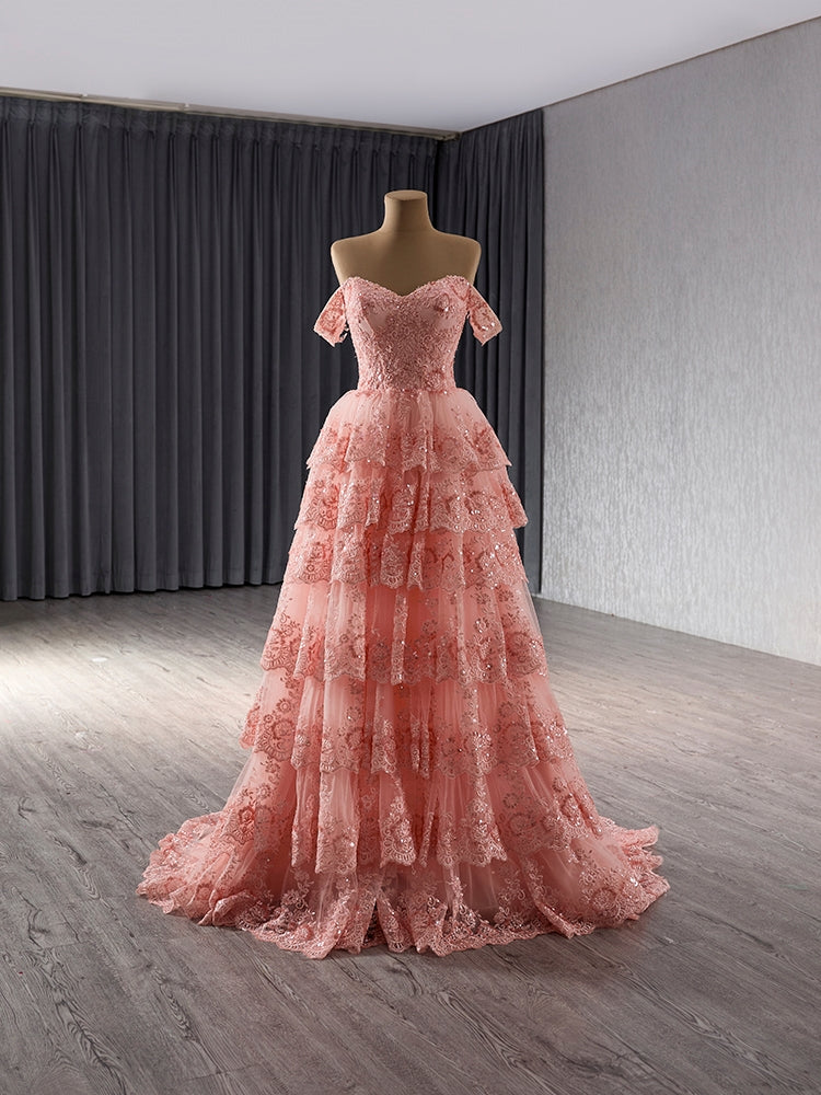 Pink Tulle Sequins Lace Appliques Tiers Prom Dress