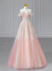 Pink Tulle Sequins Off the Shoulder Bead Prom Dress