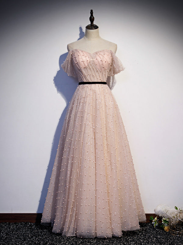 Pink Tulle Sequins Pearls Pleats Prom Dress