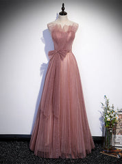 Pink Tulle Sequins Strapless Pleats Prom Dress