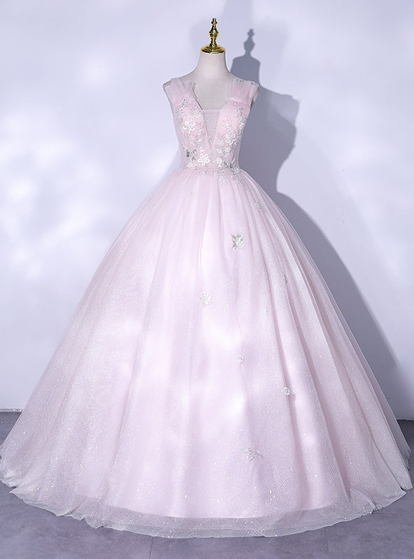 Pink Tulle Sequins V-neck Appliques Beading Quinceanera Dress