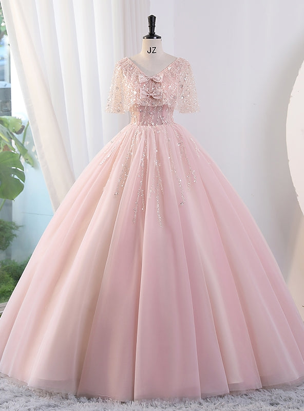 Pink Tulle Sequins V-neck Quinceanera Dress