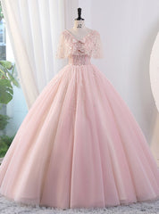 Pink Tulle Sequins V-neck Quinceanera Dress