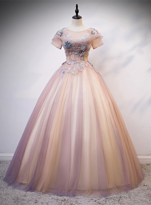 Pink Tulle Short Sleeve Appliques Pearls Quinceanera Dress