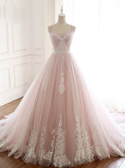 Pink Tulle Spaghetti Straps Backless Wedding Dress With Beading