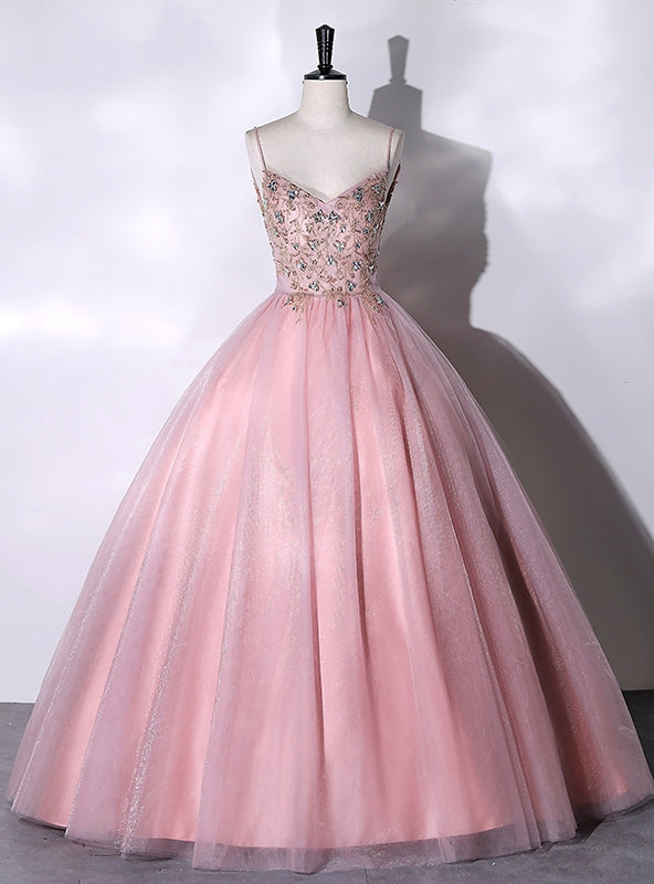 Pink Tulle Spaghetti Straps Beading Quinceanera Dress