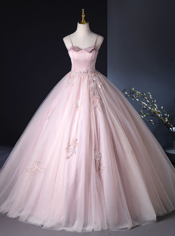 Pink Tulle Spaghetti Straps Sequins Appliques Prom Dress