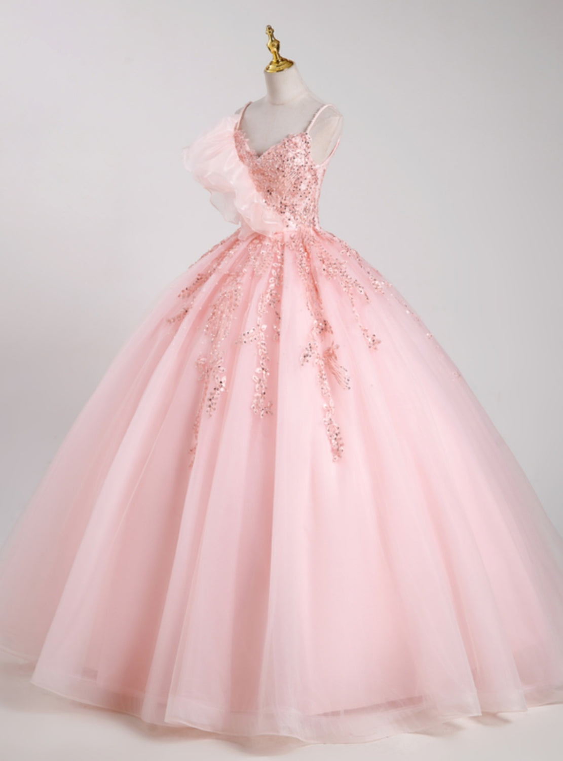 Pink Tulle Spaghetti Straps Sequins Beading Quinceanera Dress