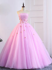 Pink Tulle Strapless Appliques Sweet 16 Quinceanera Dresses With Pearls