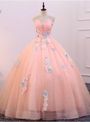 Pink Tulle Strapless Colorful Appliques Quinceanera Dress