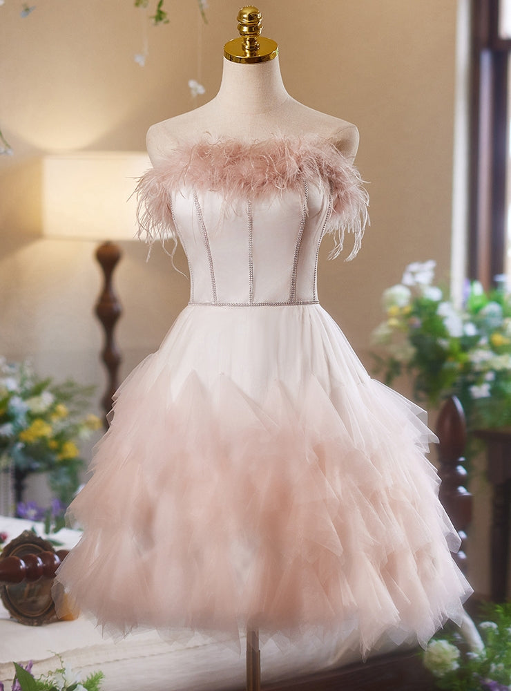 Pink Tulle Strapless Feather Homecoming Dress