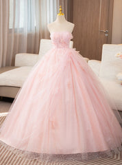 Pink Tulle Strapless Pleats Flower Quinceanera Dress