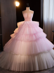 Pink Tulle Strapless Tiers Princess Quinceanera Dress