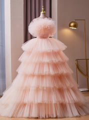 Pink Tulle Strapless Tiers Quinceanera Dress