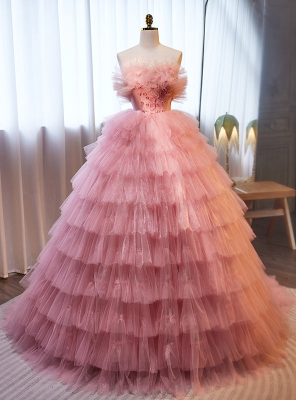 Pink Tulle Tiers Strapless Flower Prom Dress