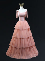 Pink Tulle Velvet Tiers Straps Prom Dress