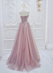 Pink Tulle with Lace  A-line Prom Dress, Pink Tulle Party Dress