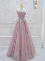 Pink Tulle with Lace  A-line Prom Dress, Pink Tulle Party Dress