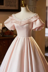 Pink V-Neck Satin A-Line Prom Dress, Beautiful Short Sleeve Evening Party Dress