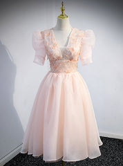 Pink V-neck Short Sleeve Appliques Beading Sequins Short Prom Dress