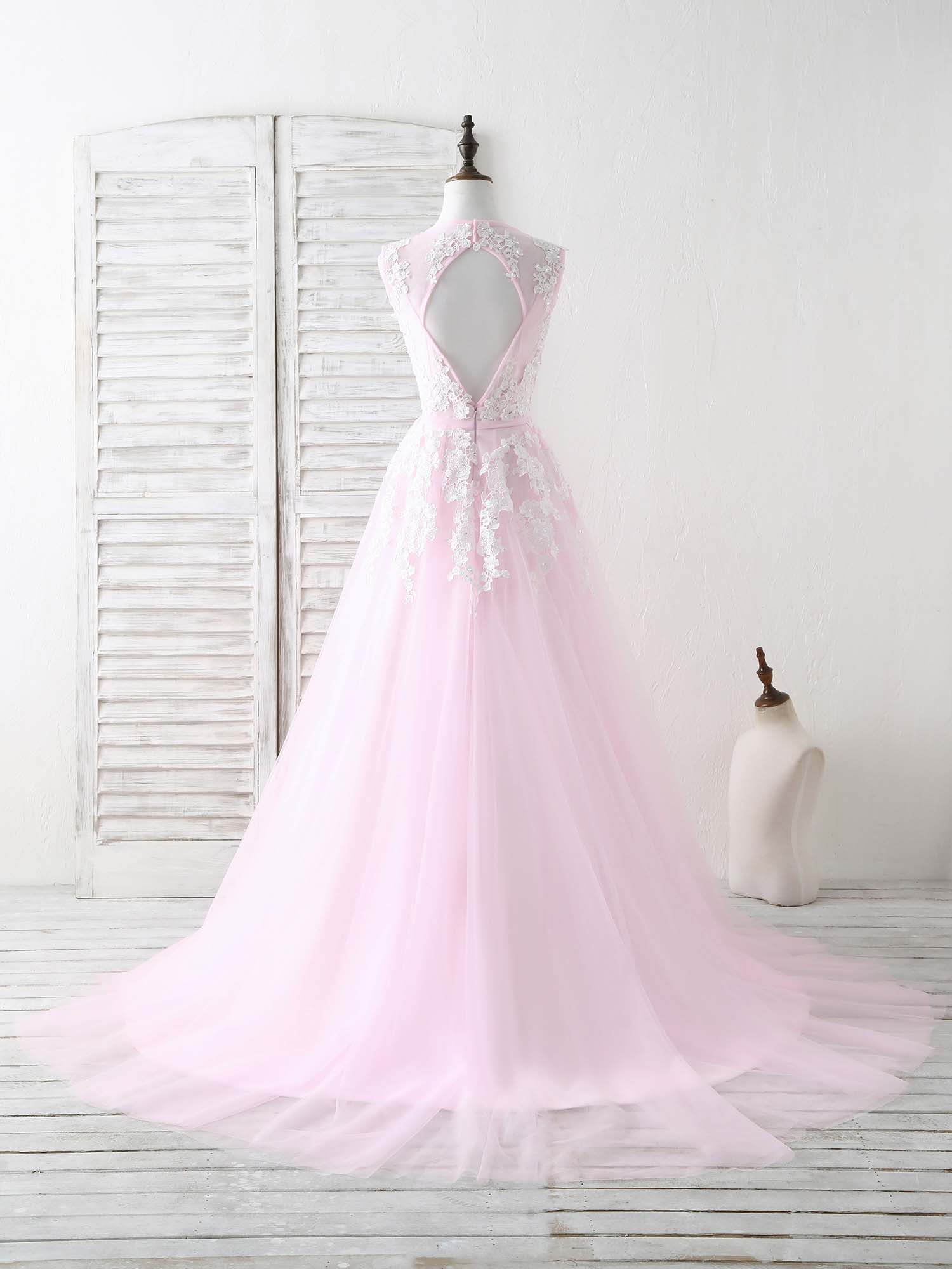 Blue Prom Dress, Pink V Neck Tulle Lace Applique Long Prom Dress Pink Evening Dress