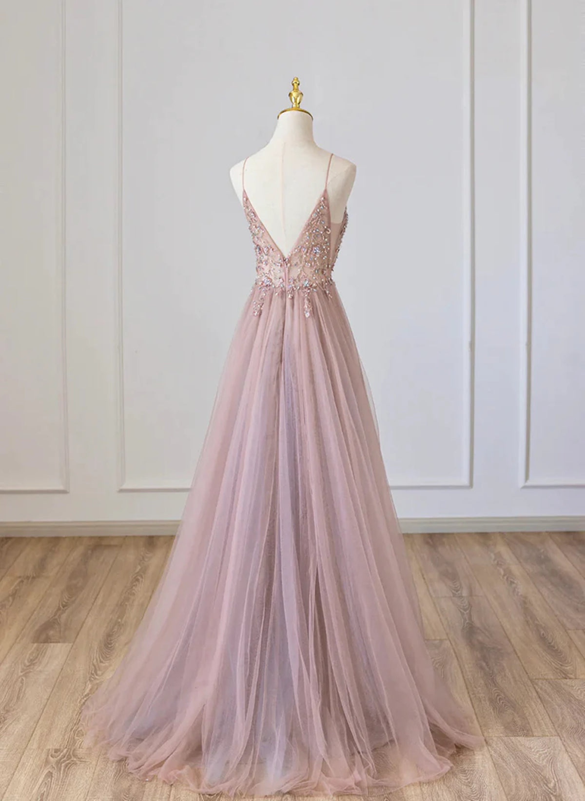 Prom Dress Two Pieces, Pink V-neckline Beaded Straps Floor Length Party Dress, Pink Long Formal Dress