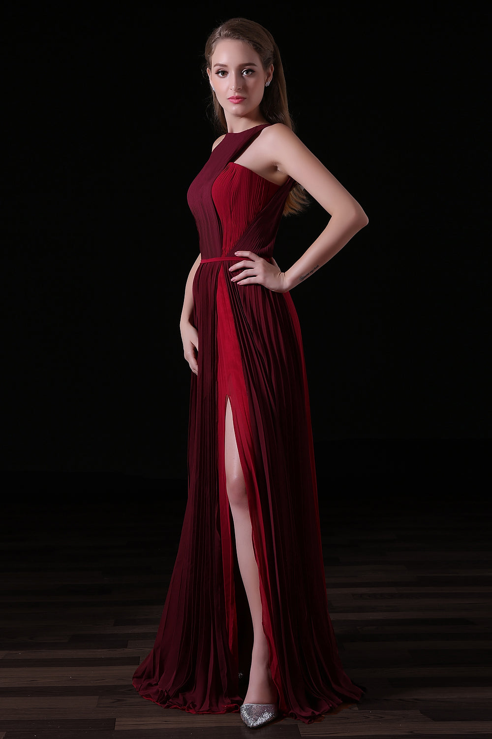 Blue Dress, Pleat Draped Side Slit Off Shoulder Zipper Burgundy Bridesmaid Dresses