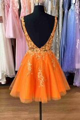 Plunging Neck Orange Appliques Short Party Dress