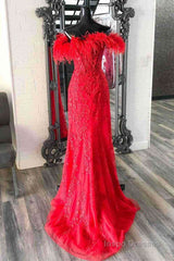 Plunging V-Neck Red Feather Shoulder Long Prom Dress Gala Evening Gown